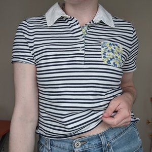 Cute Cropped Floral Pocket Striped Polo Shirt